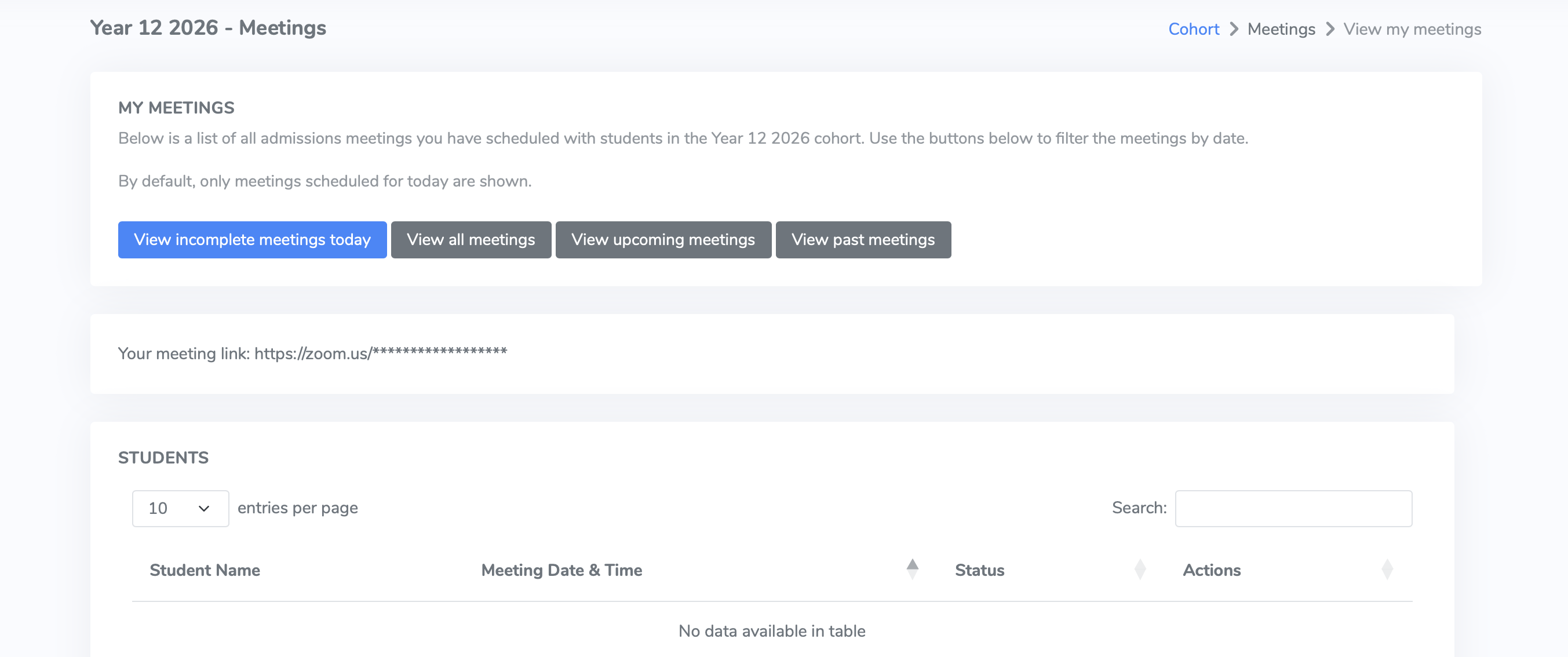 Admissions meetings scheduling view with student slots