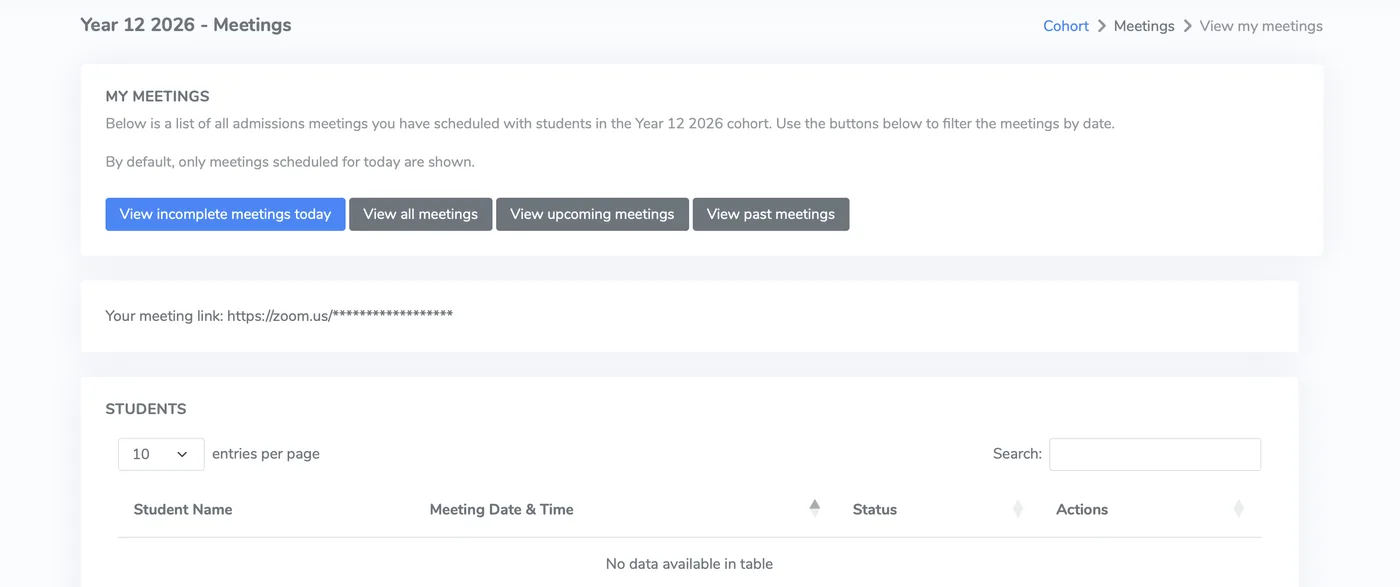 My meetings screen for a cohort, with buttons to filter meetings by today, all, upcoming or past, and a table of students with meeting date, status and actions