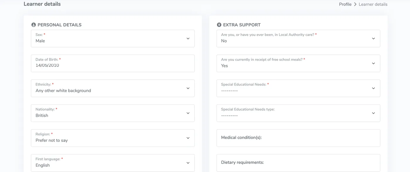The learner details part of the application form, with personal details and extra support questions as dropdowns and text fields