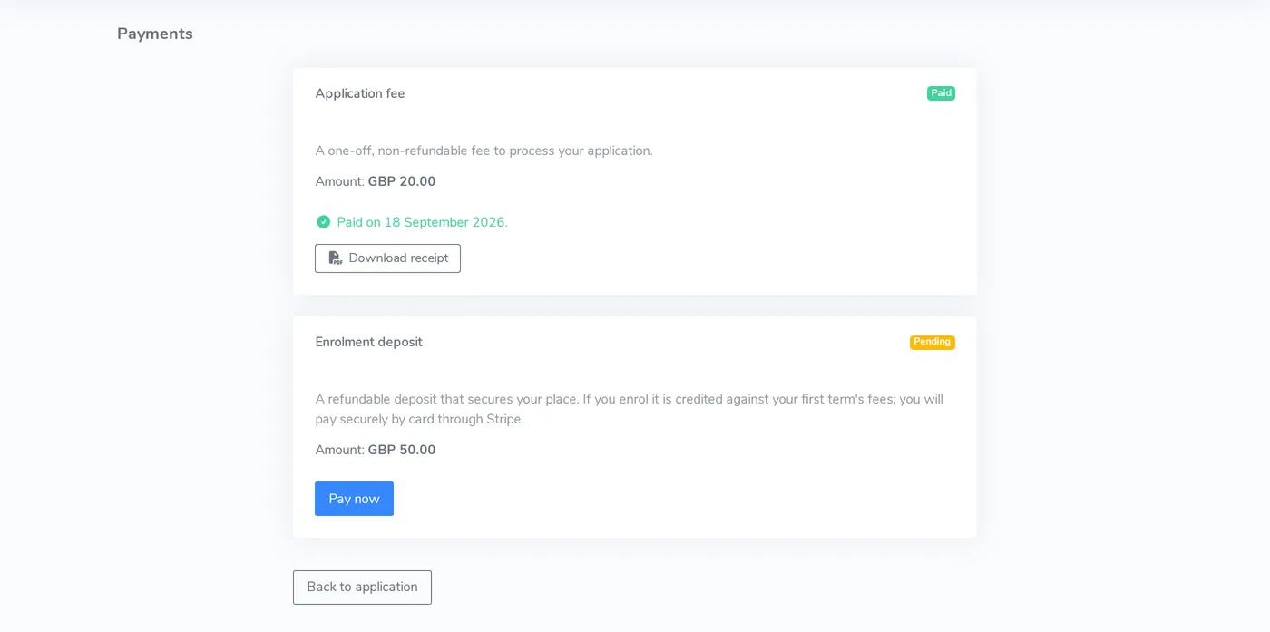 Student payments page showing a paid application fee with a receipt download, and an enrolment deposit marked pending with a Pay now button