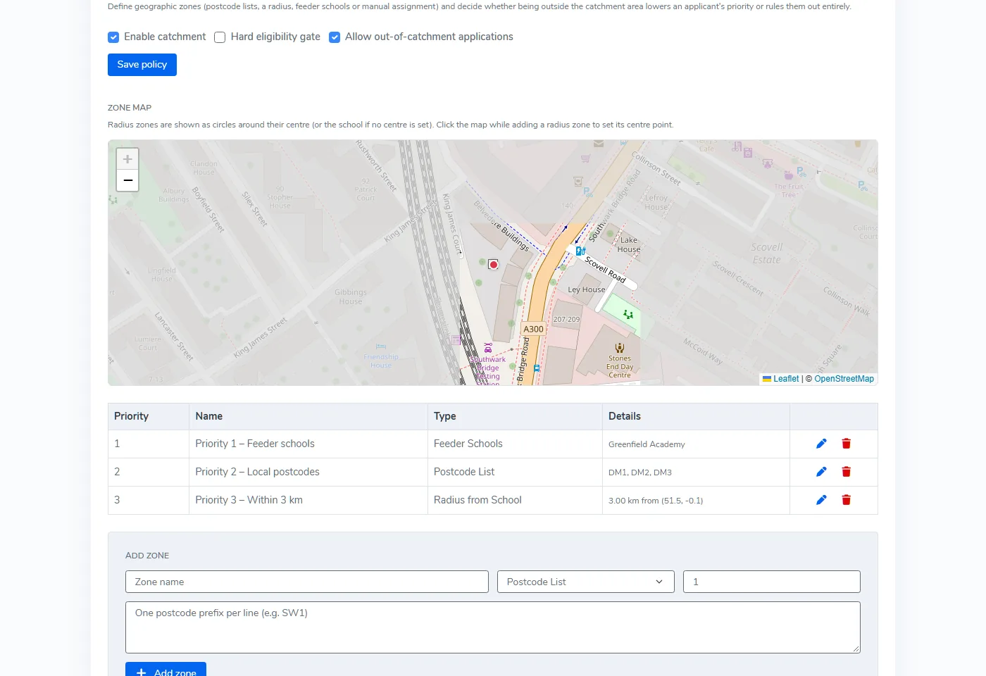 Catchment areas settings with a map showing a radius zone around the school and a priority table of feeder schools, local postcodes and a 3 km radius