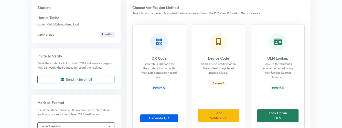 Choose verification method screen offering a QR code, a ULN lookup and a device code for retrieving a student's DfE education record