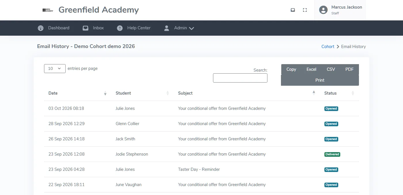 Cohort email history table listing each message by date, student and subject, with opened or delivered status and export buttons for Copy, Excel, CSV, PDF and Print