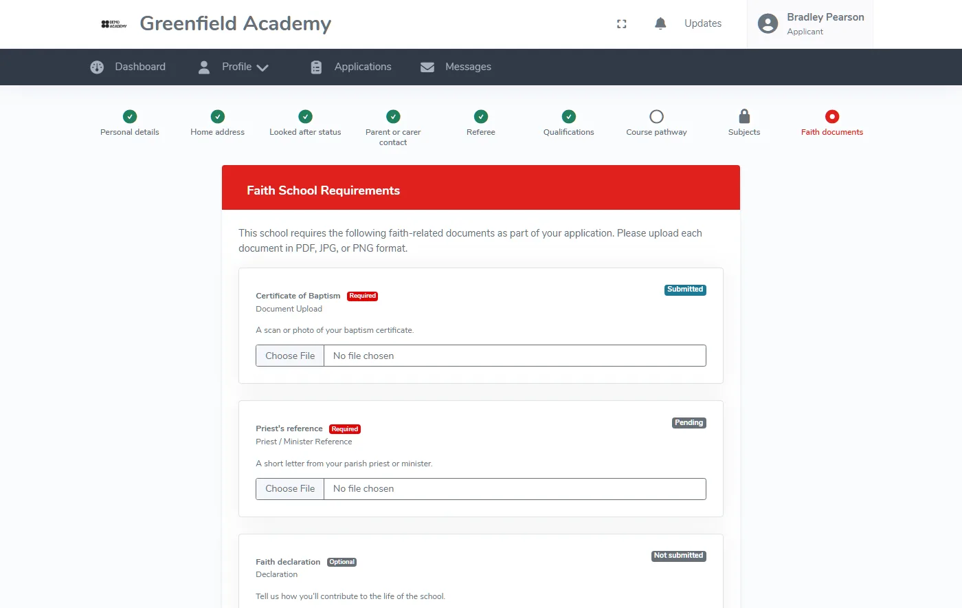 Faith school requirements page listing a certificate of baptism, a priest's reference and a declaration, each with a required or optional label and a status