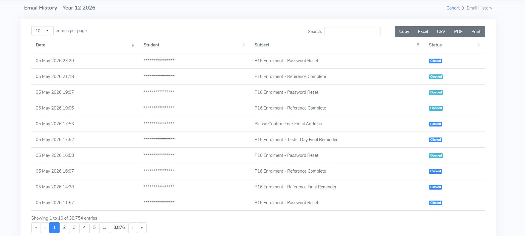 Reference management view showing referee status and predicted grades