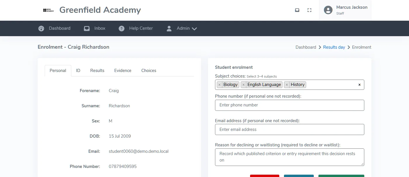 Results day enrolment screen for one student: final GCSE grades per subject beside the applied grades and APS, the chosen pathway and subjects, and Decline, Waitlist and Approve and Enrol actions