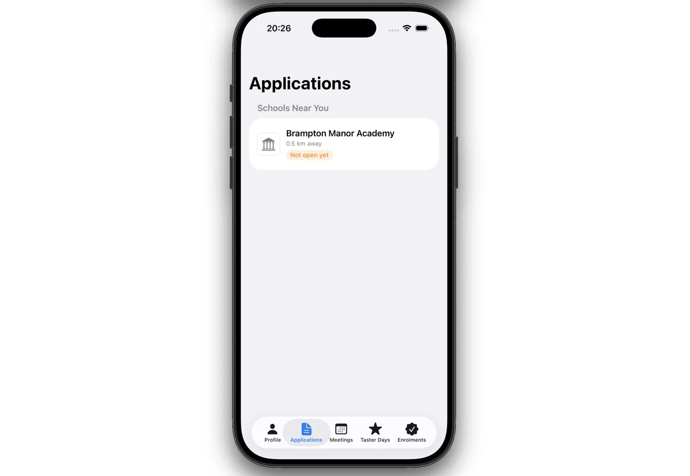 Mockup of the P16 student app on a phone, with an Applications tab listing a nearby school marked not open yet, and tabs for profile, meetings, taster days and enrolments