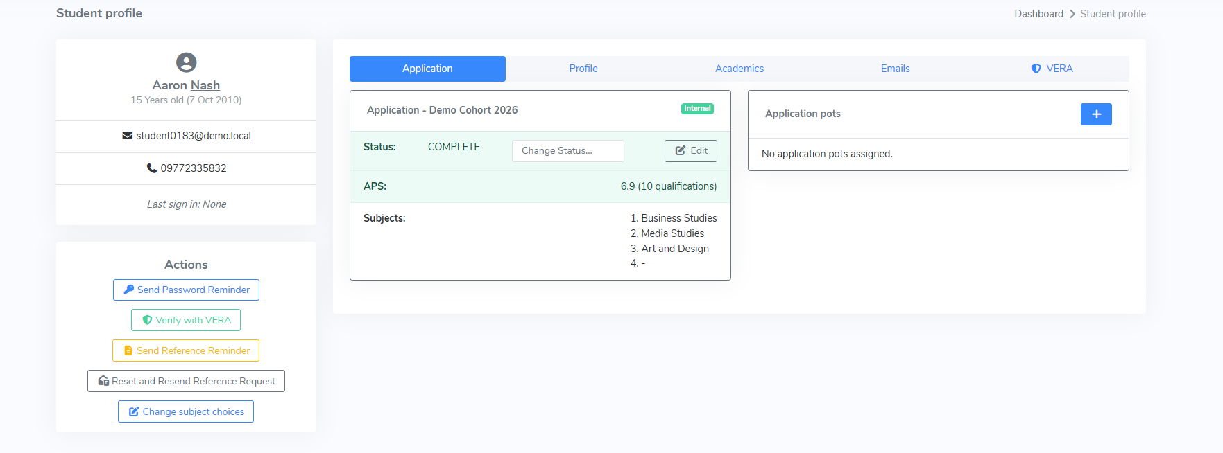 Student portal showing application status