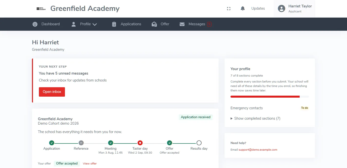 The student dashboard: profile sections with completion bars, and the application's status across application, meeting, taster day and enrolment