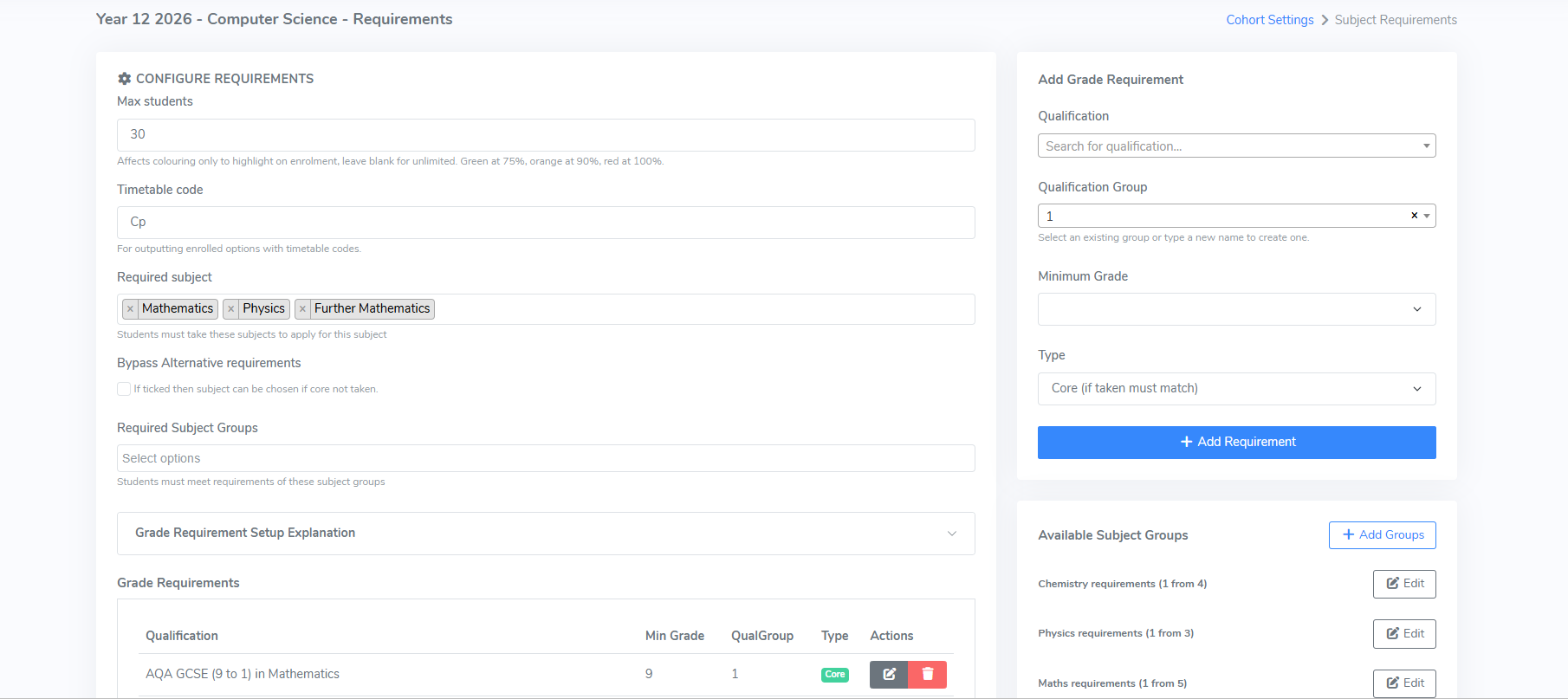 Subject requirements configuration screen with grade thresholds