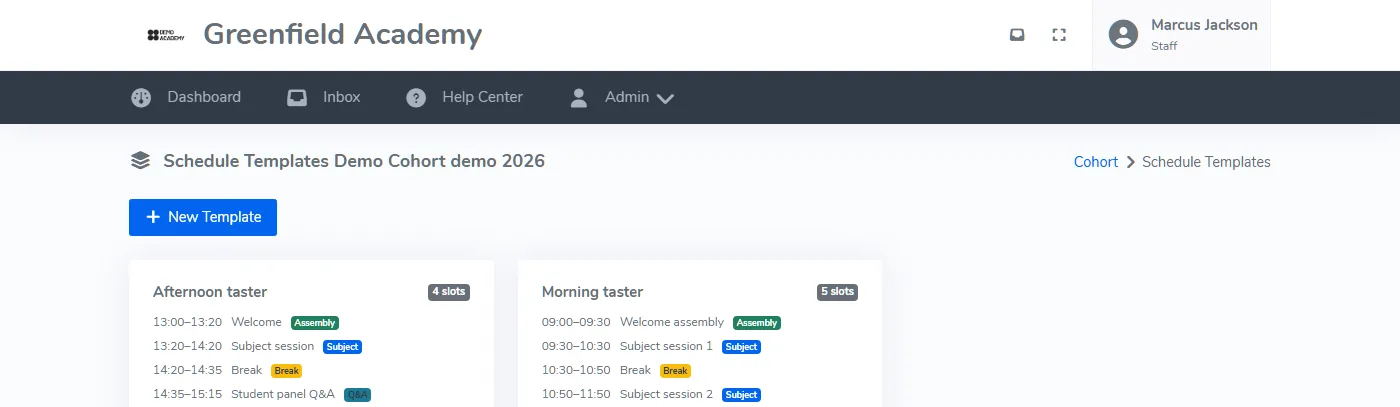 Schedule templates screen listing a morning and an afternoon template, each with timed slots for welcome, subject sessions, breaks and concluding remarks