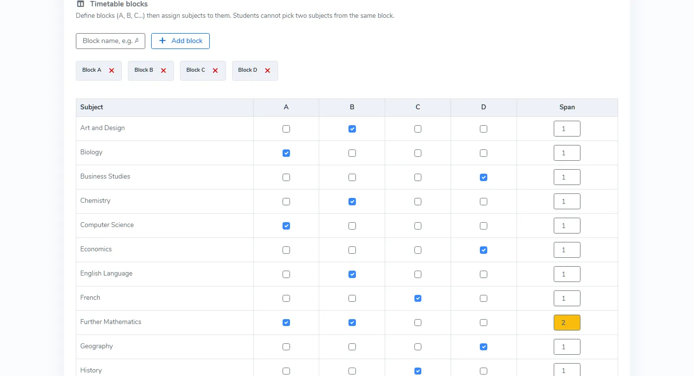 Timetable blocks screen with blocks A to D and a grid assigning each subject to its blocks, with a span column