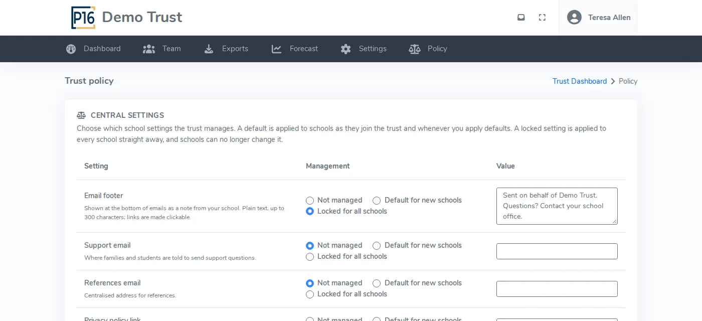 Trust policy page listing settings such as email footer, Admissions Code mode and data retention, each with a choice of not managed, default for new schools or locked for all schools